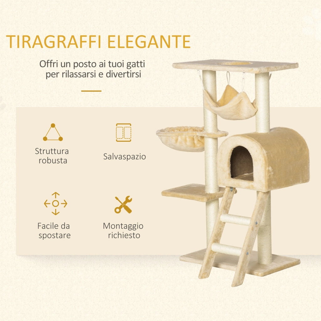 Tiragraffi per Gatti Multilivello con Amaca e Casetta, Corde in Sisal Naturale, 55¡Á30¡Á100cm