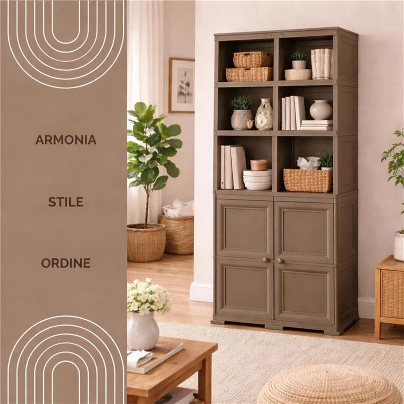 ARMADIO 2 MODULI CHIUSI E 3 MODULI SCAFFALE WENGÉ 79X43X203 CM – MOBILE CONTENITORE MULTIUSO ALTO PER SALOTTO, PERGOLATO E BALCONE COPERTO