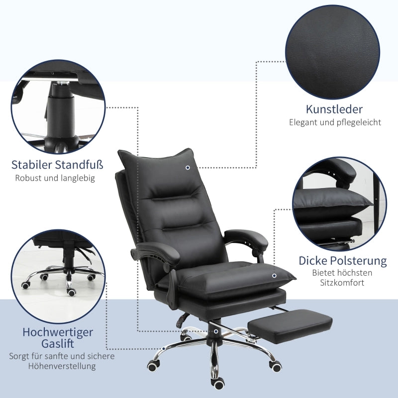 Sedia da ufficio in ecopelle ergonomica con poggiapiedi, braccioli e schienale reclinabile, girevole, nero
