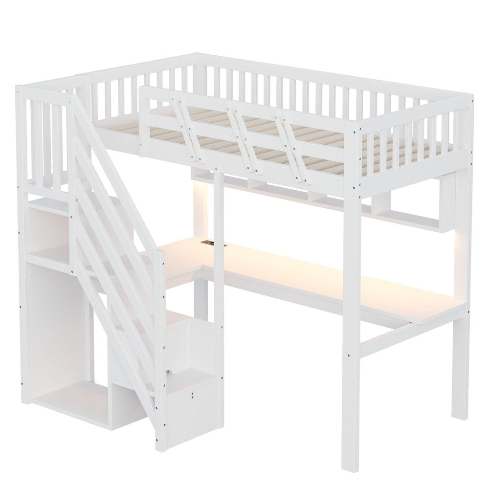 Letto Singolo in Legno Massello con Scala, Scrivania, LED e USB ¨C Xylo ¨C Bianco 90x200