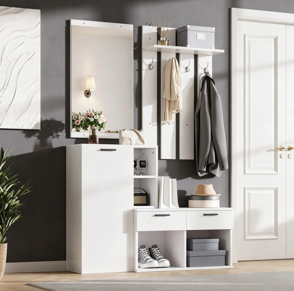 Garderoba da ingresso con specchio; 2 cassetti; 4 ganci e scarpiera 120x35x175;5 cm; bianco