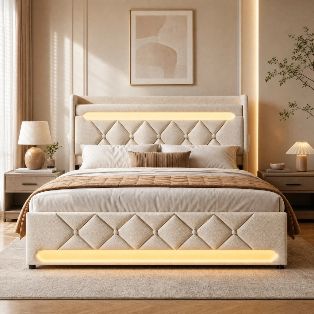 LETTO 160x200 cm in Lino Beige con LED, USB e Type-C, contenitore idraulico