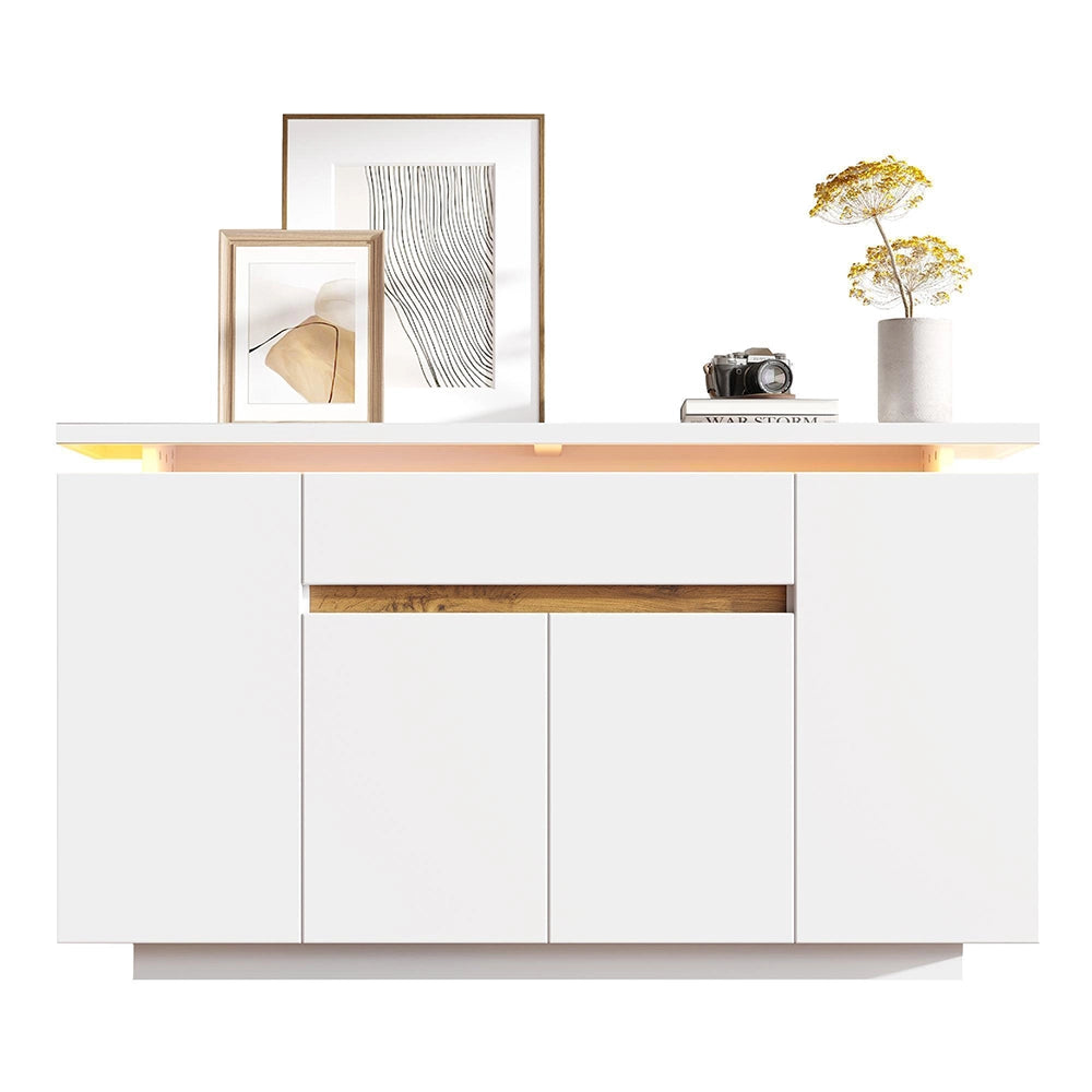 Buffet con illuminazione LED - Xylo - 140x40x80 cm - Bianco - 1 cassetto e 4 porte