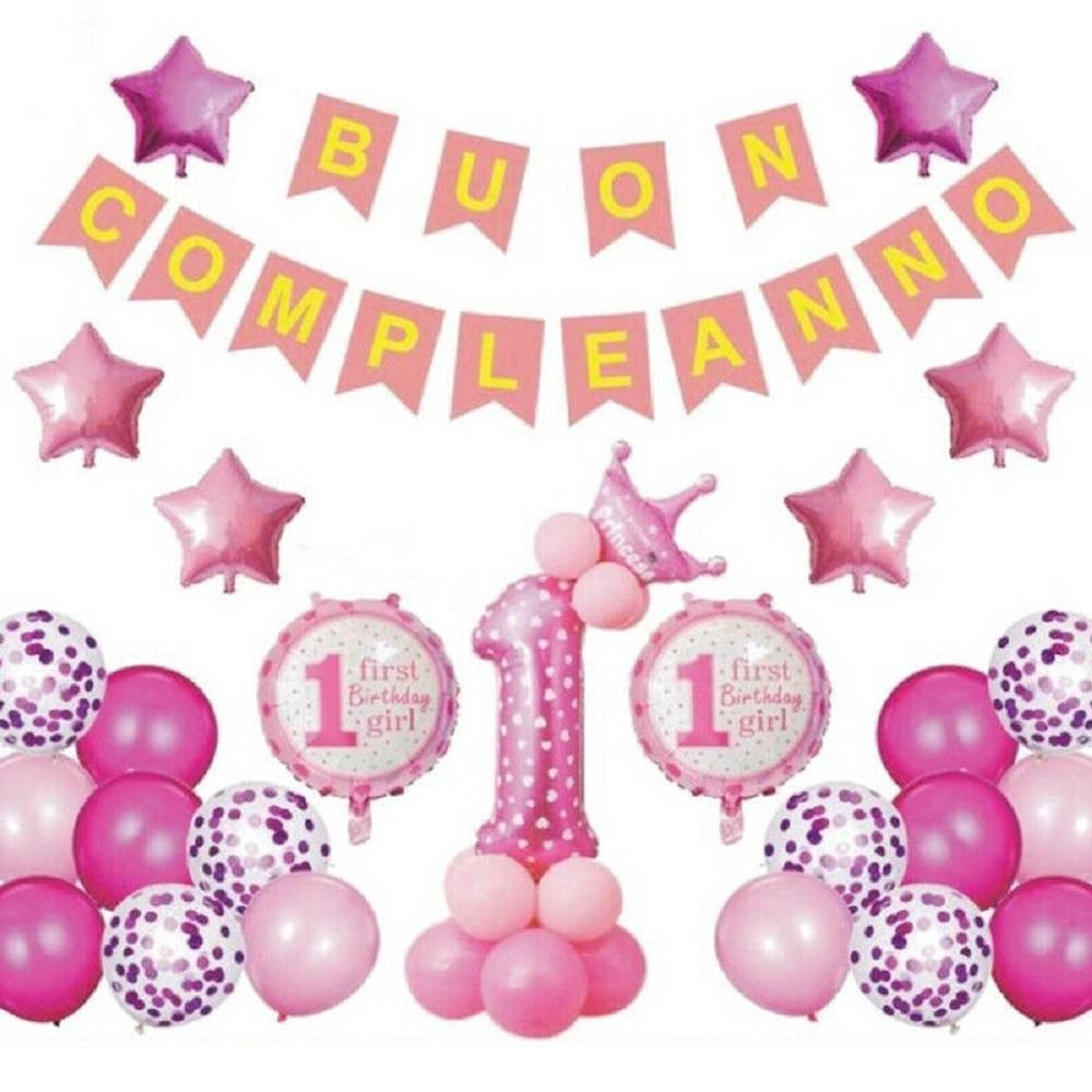 Trade Shop - Palloncini Gonfiabili Festa Bimbo Bimba 1 Anno Compleanno Festone Buon Compleanno - Rosa