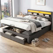 Letto imbottito 180x200 cm con LED, rete a doghe, vano contenitore e struttura in MDF e acciaio, grigio scuro