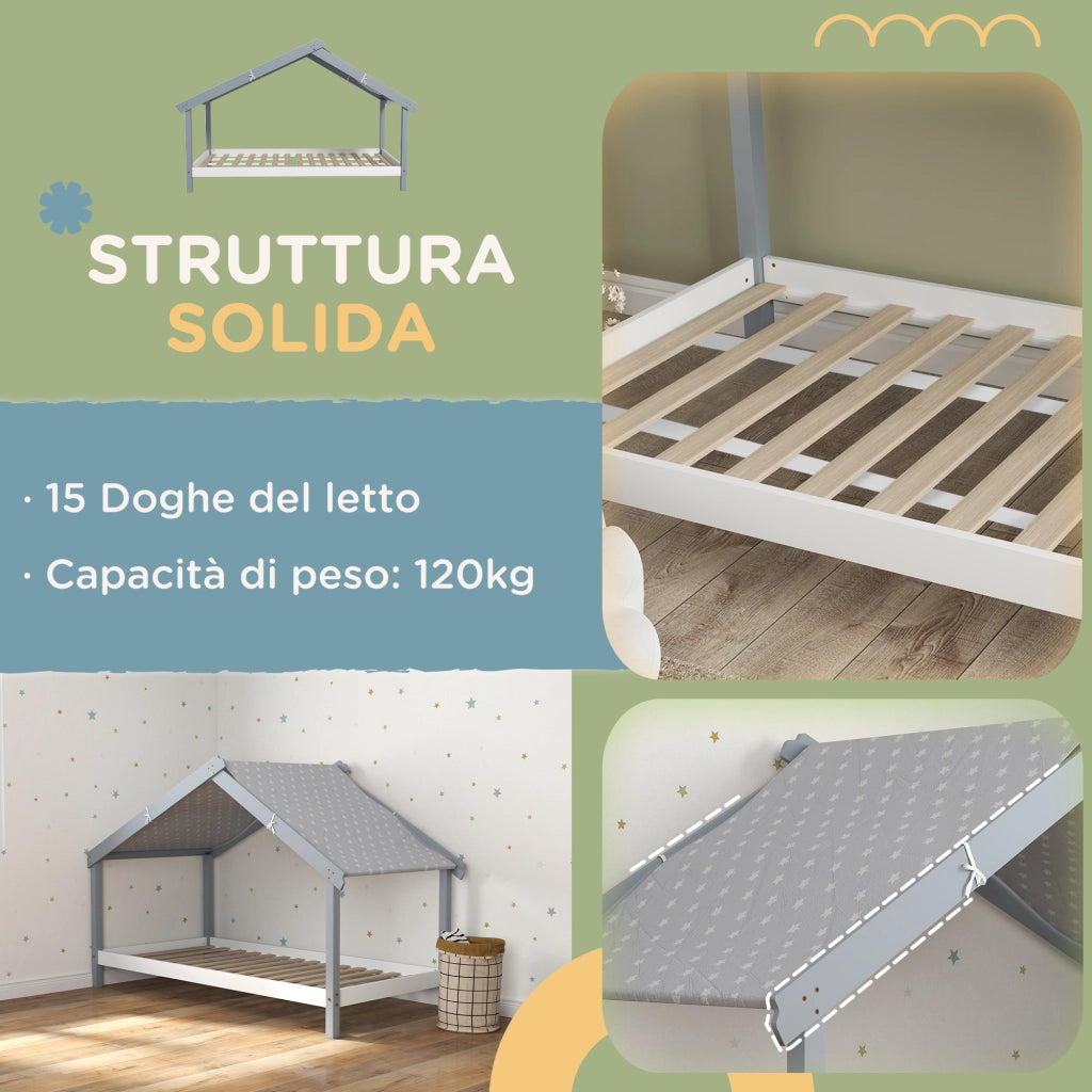 Letto a Casetta Montessori per Bambini con Tetto Stellato ¨C zephmum ¨C 90x190 cm, Grigio, Legno di Pino