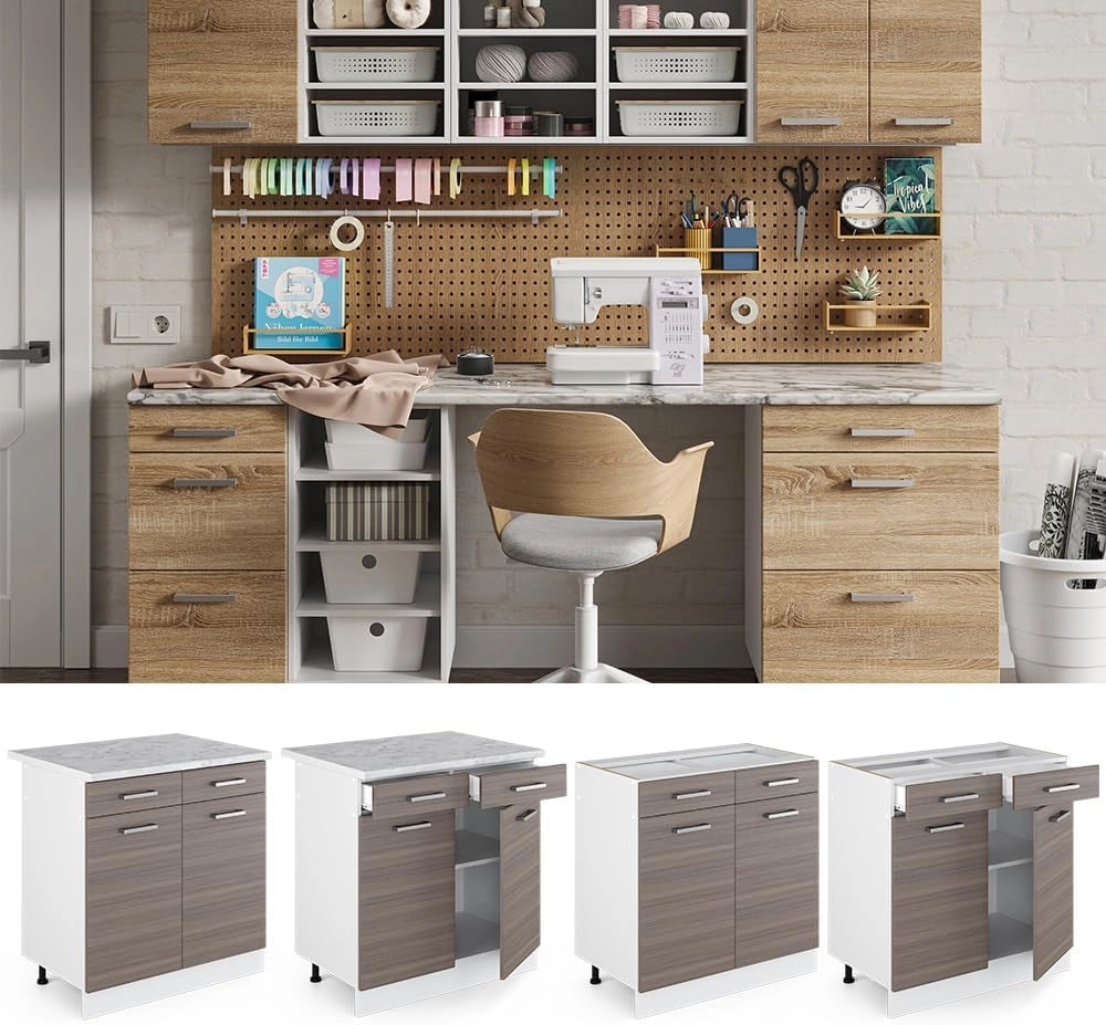 Base universale R-Line, Grigio, 80 cm con cassetti e ante, con piano di lavoro, adatto per essere riposto in modo salvaspazio nelle cucine componibili