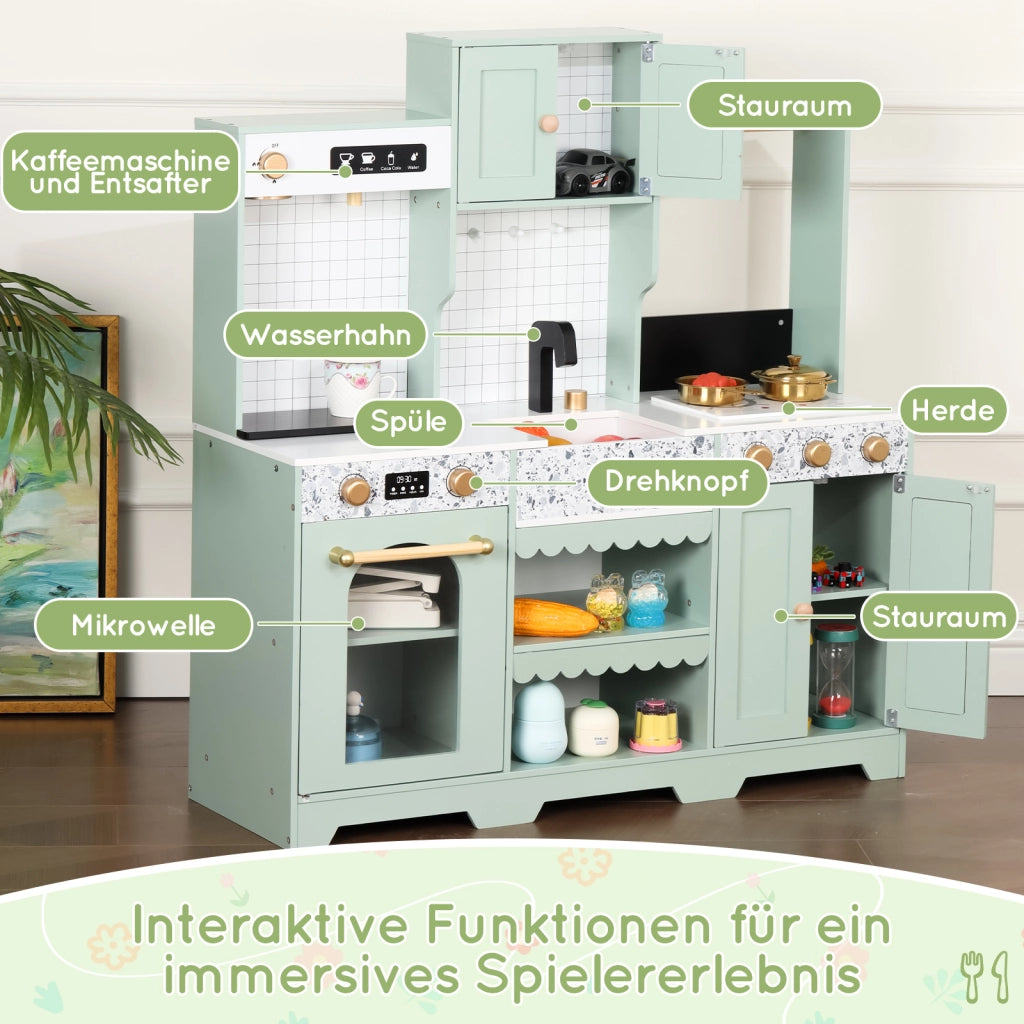 Cucina giocattolo per bambini con macchina per bevande lavello e microonde girevole in MDF verde 30 × 90 × 98 cm