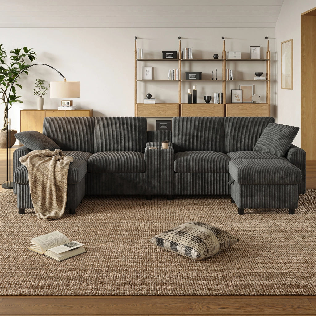 Divano U angolare in velluto a coste ¨C MINIMAL ¨C grigio, con pouf contenitore, tavolino, portabicchieri, USB e prese, 315x135x81 cm