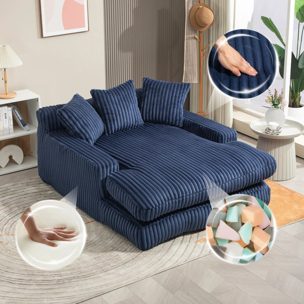 Chaise Longue Poltrona Senza Montaggio con 3 Cuscini Comfort Ergonomico in Velluto a Coste Blu Navy