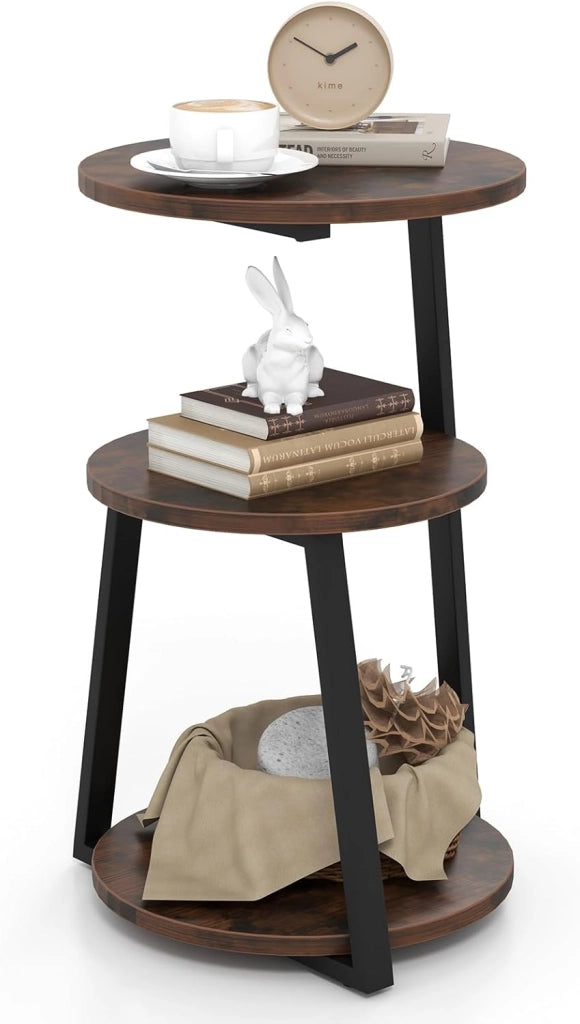 Tavolino a 3 livelli 62 cm, comodino con 3 ripiani in legno, tavolino da caffè con telaio in metallo con piedini regolabili, tavolino rotondo design industriale