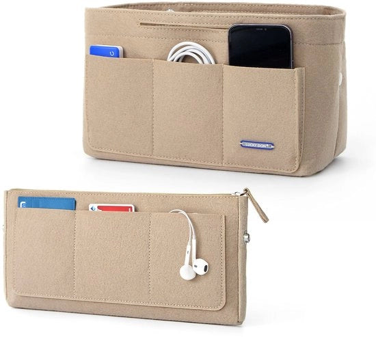 Organizzatore per borse con tasaporta interno, chiusura con catena e molletta, panno multifunzionale, 32 x 16 x 19 cm - beige