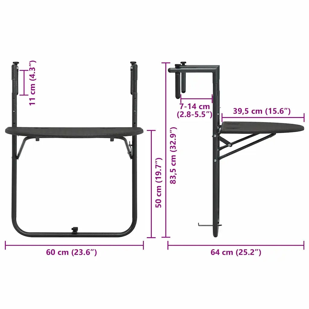Tavolo da Balcone Pensile Marrone 60x64x83,5cm Plastica Rattan