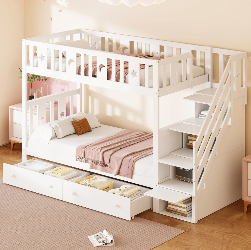Letto a castello 90x200 cm in legno con scala contenitore e 2 cassetti