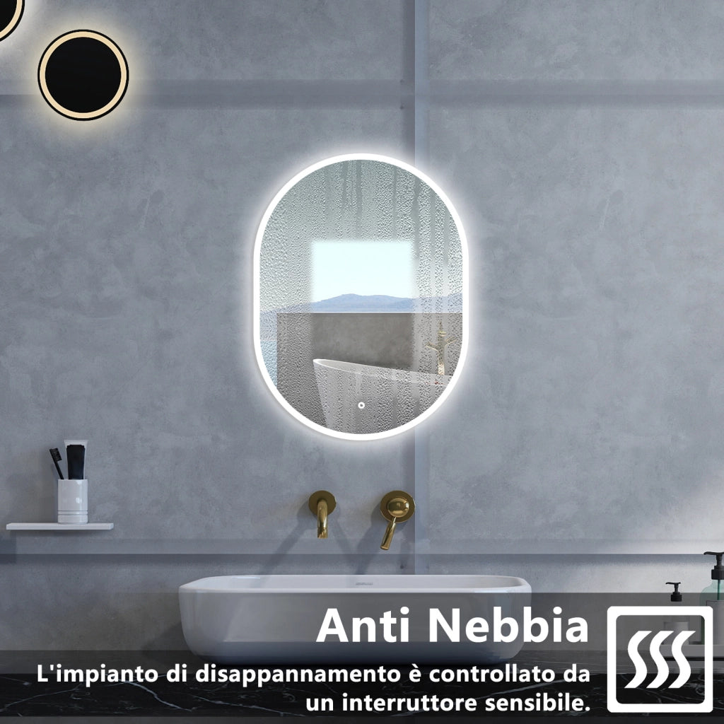 Specchio da bagno Ovale con 60x80cm,Memoria, Antifog,Regorabile,Retroilluminato,doppio interruttore,