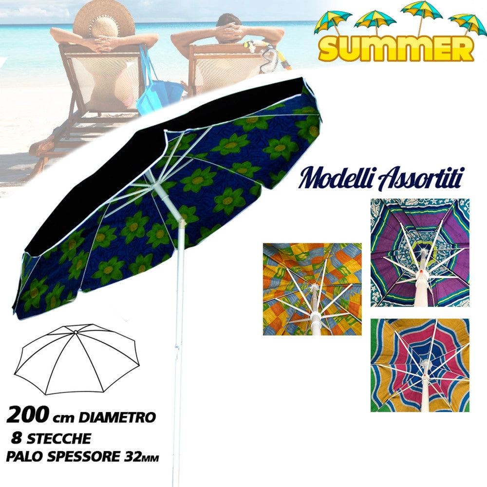 Trade Shop - Ombrellone Da Spiaggia Diametro 200 Cm Antivento Con Snodo + Sacca Con Tracolla -