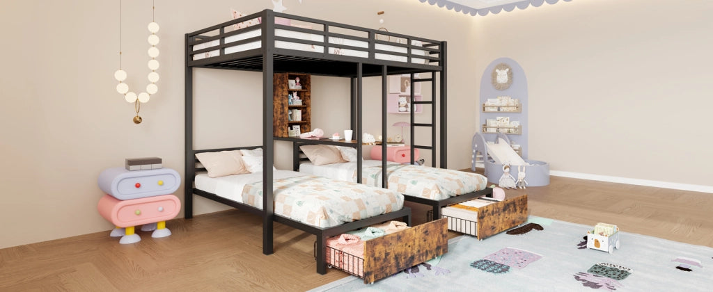 LETTO A CASTELLO 140x200+90x200 cm Nero 3 posti con 2 cassetti