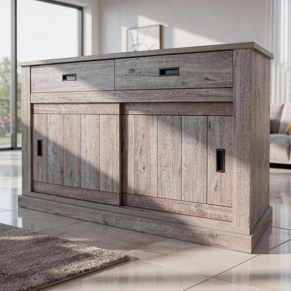 Madia Mobile Soggiorno Con 2 Cassetti E 2 Ante Scorrevoli 4 Ripiani Interni In Stile Minimal Shabby Chic Per Living Sala Pranzo 150 X 50 X 95.5 Cm Rovere Alaska