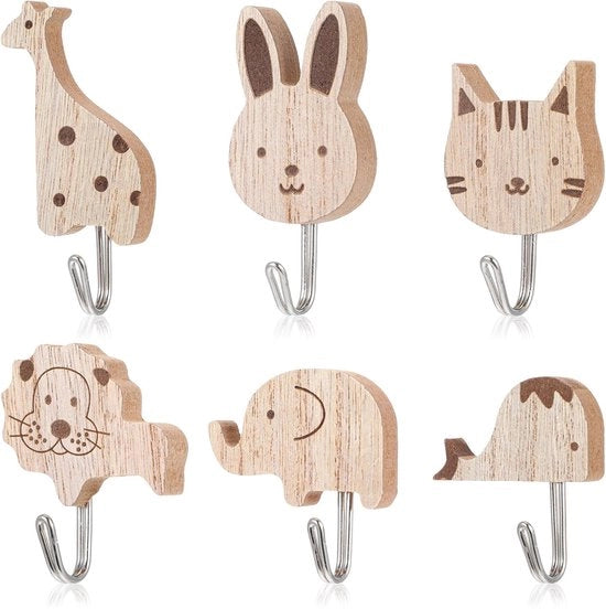 Set di 6 cerniere per armadio per bambini - Cerniere autoadesive - Decorazioni in legno di animali - Olifante/ Balene/Gatti/Leoni/Caprioli/ Giraffe - Struttura in quercia naturale - Senza spigoli
