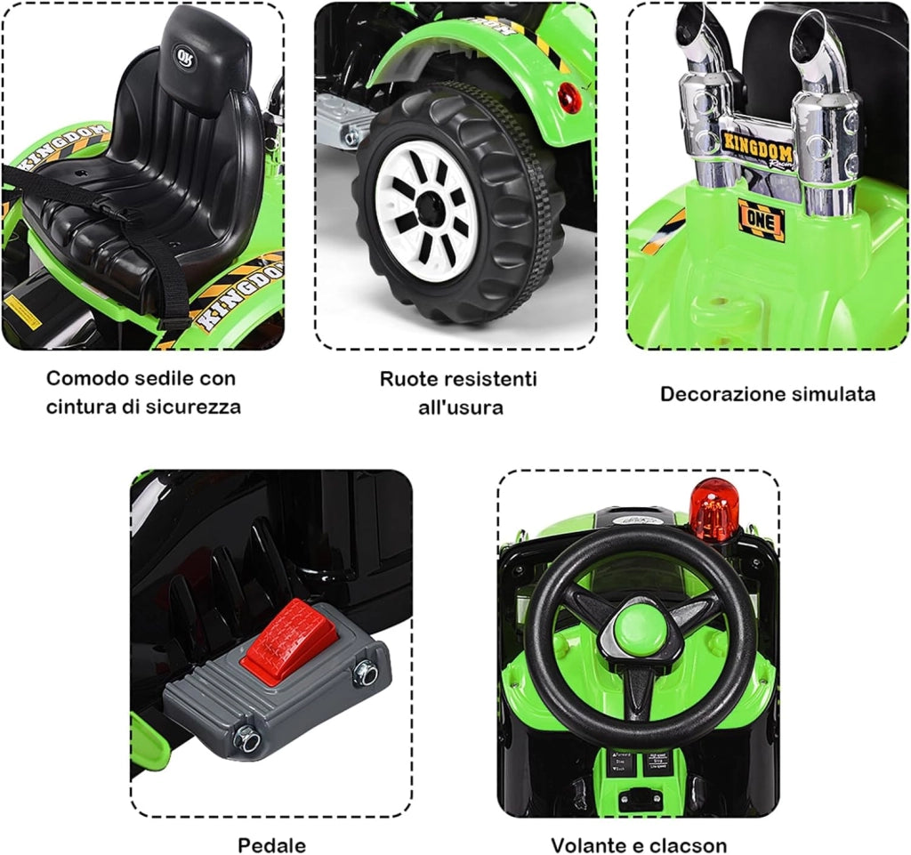 12V Veicolo di Ingegneria per Bambini, Macchina Giocattolo Grande, Escavatore Alimentato con 2 Velocità per Bambini 3-8 Anni, 149x62x74 cm (Verde)