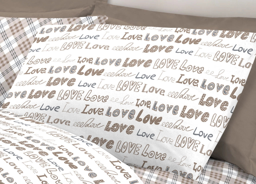 Completo Lenzuola Letto Linea Young 100% Cotone Disegno Love Love - Matrimoniale - Beige