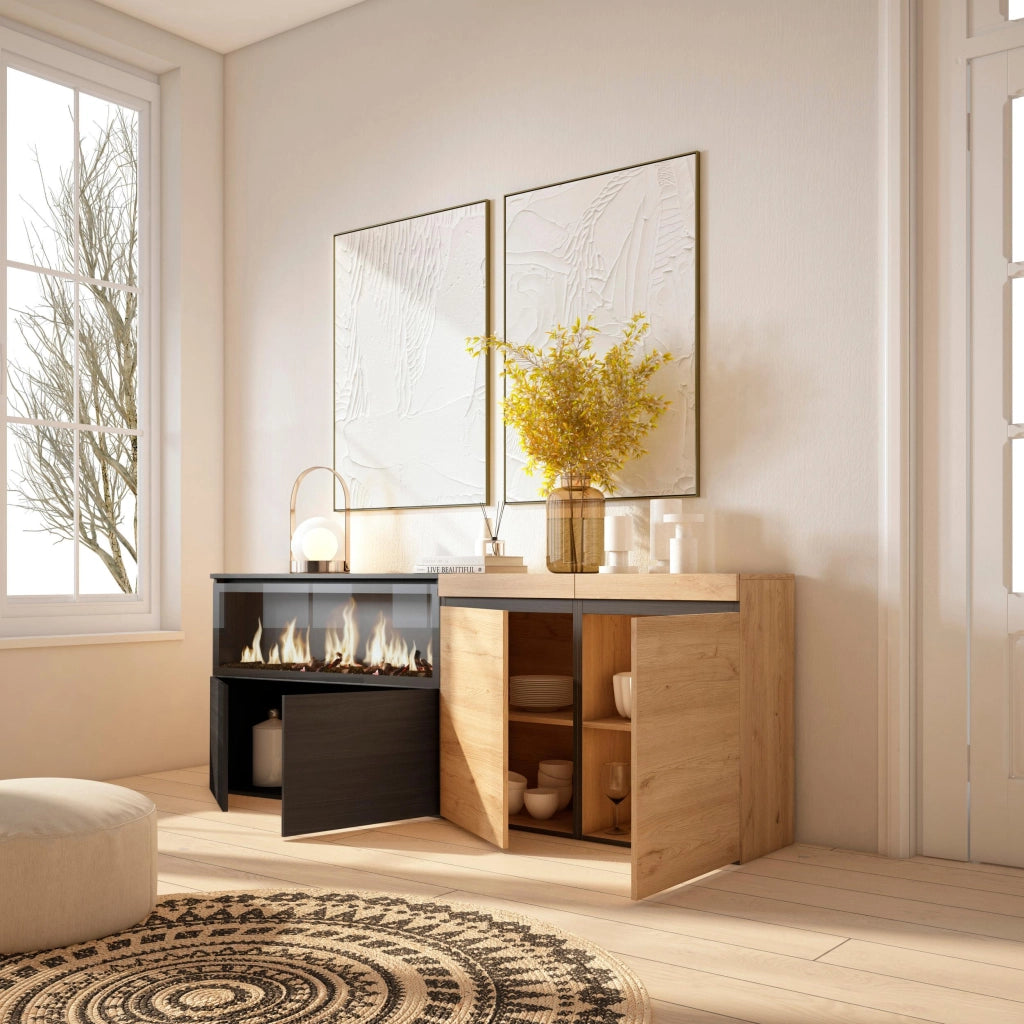 Credenza, Mobile, 208x35x75cm, 4 Porte, Camino elettrico XXL, colore Rovere e nero RF3219
