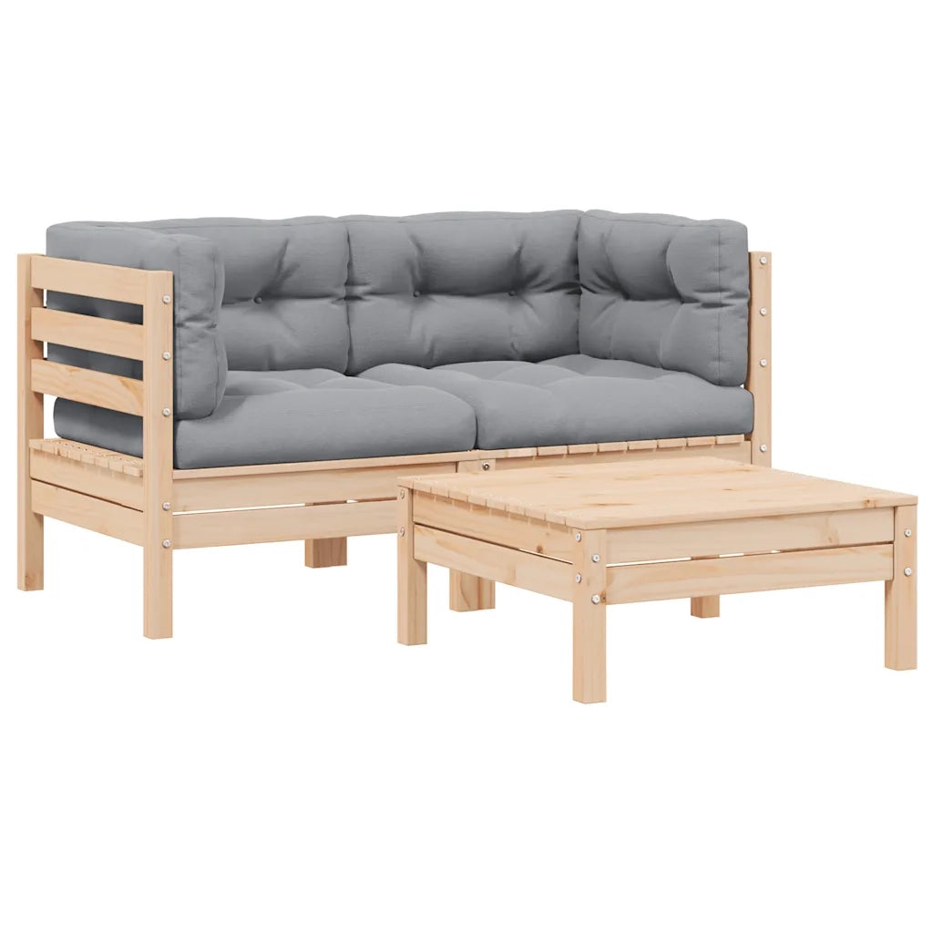 Set Divani da Giardino 3 pz con Cuscini Grigi Massello di Pino 806675