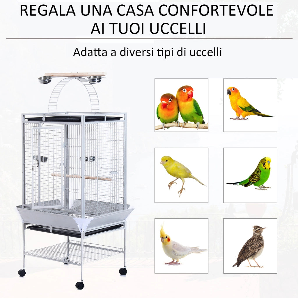 Voliera per Uccelli con Ruote Altezza 161.5cm, Vaschette in Acciaio e Trespoli in Legno, Argento