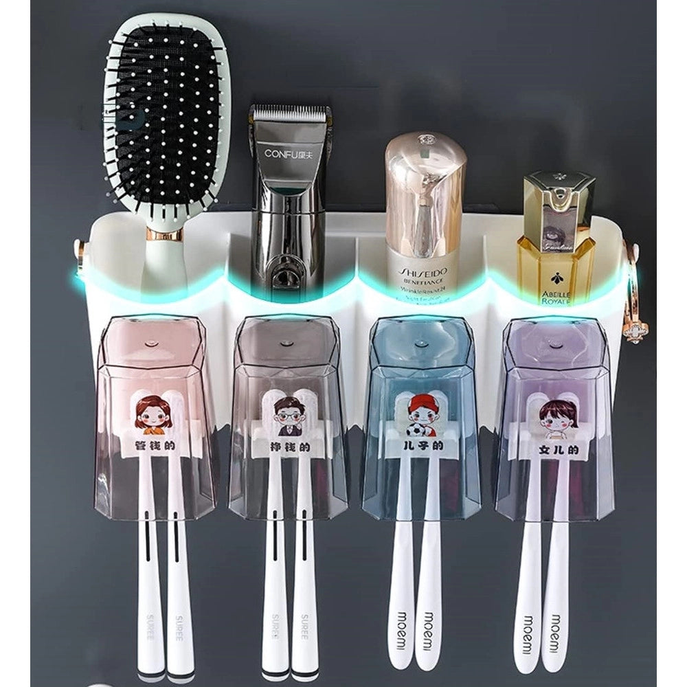 Trade Shop - Portaspazzolino Adesivo Multifunzione Organizer Per Spazzolino Denti Con 4 Tazze + 4 Slot -