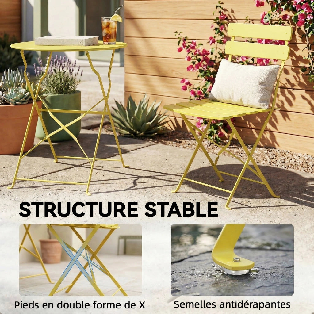 Set Giardino Tavolo e Sedie Pieghevoli ¨C zephmum ¨C Giallo, Legno, 3 Pezzi
