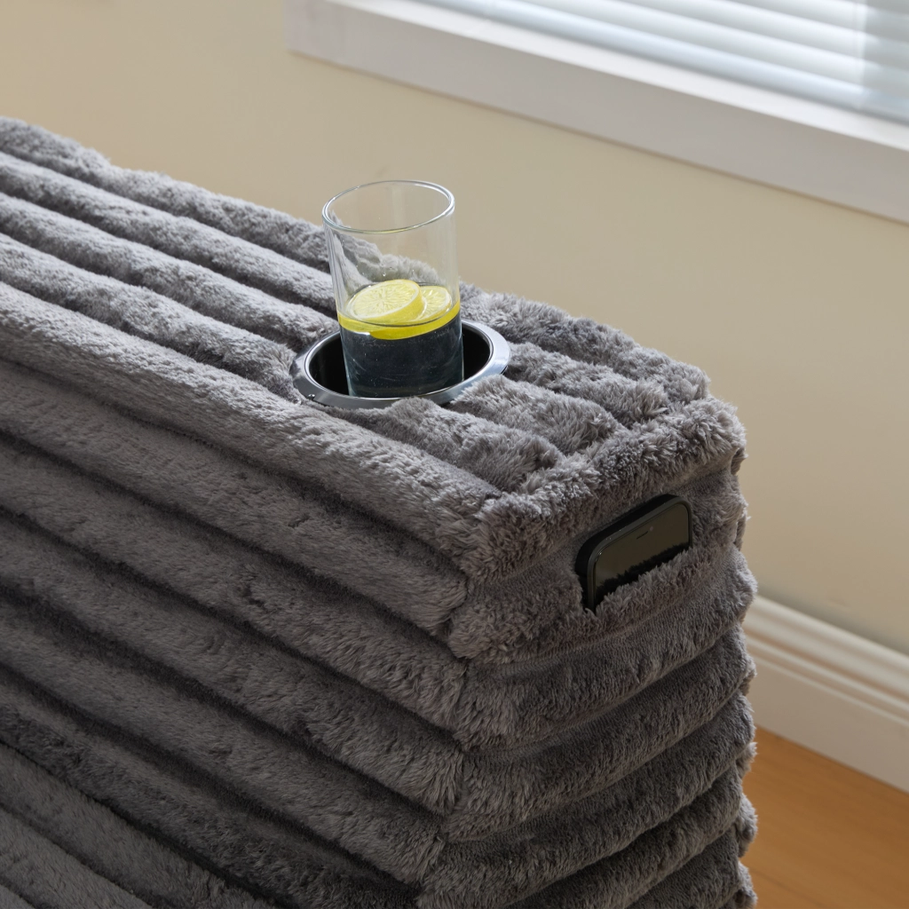 Divano panoramico a U Modulare con Portabicchiere e Tasca laterale, in Corduroy, Grigio scuro 320 × 155 × 88 cm