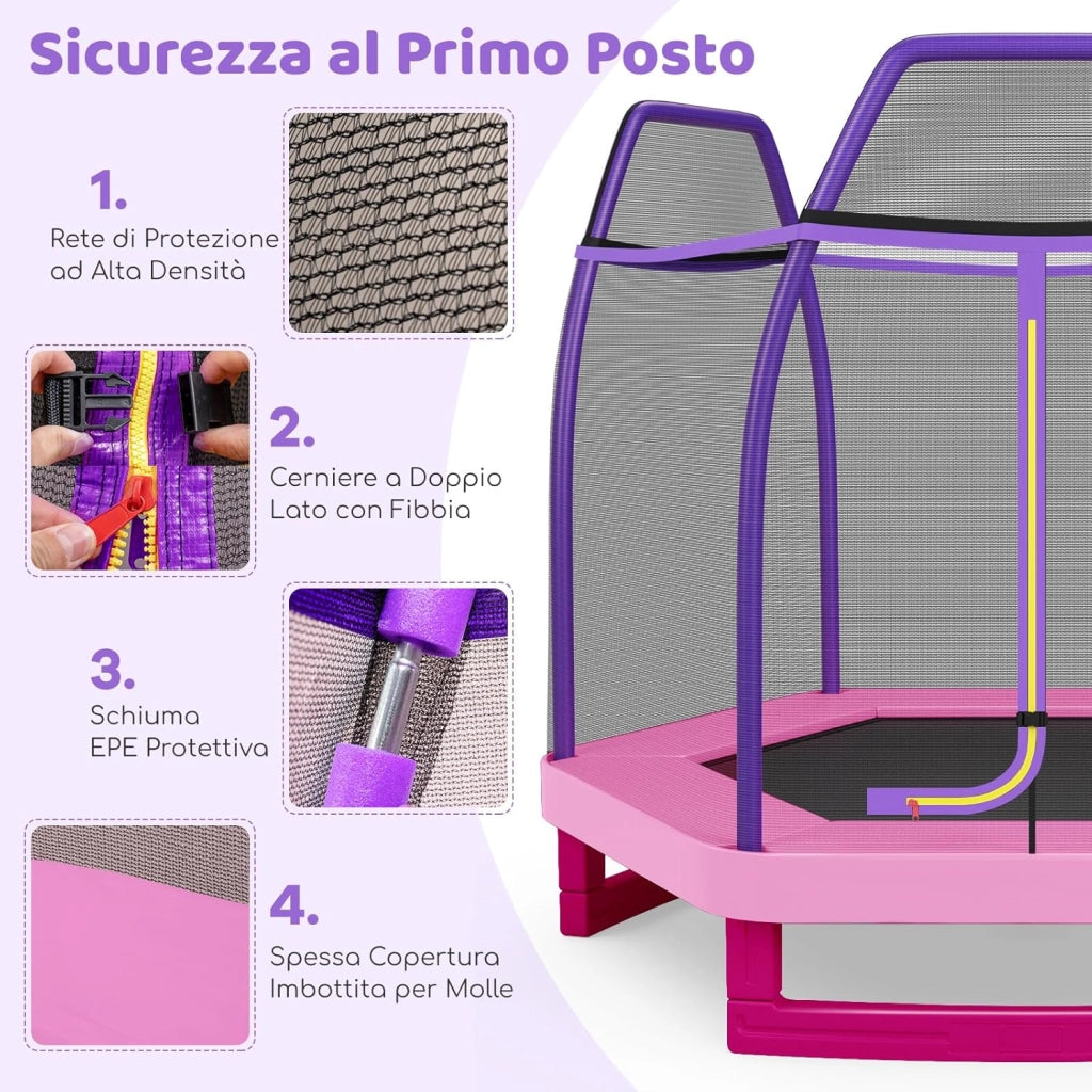 Trampolino Elastico per Bambini 223 cm, Tappeto Elastico per Bambini da Esterno ed Interno con Rete e Cuscinetto a Molle, Portata150 kg, Adatto ai Bambini 3+ Anni