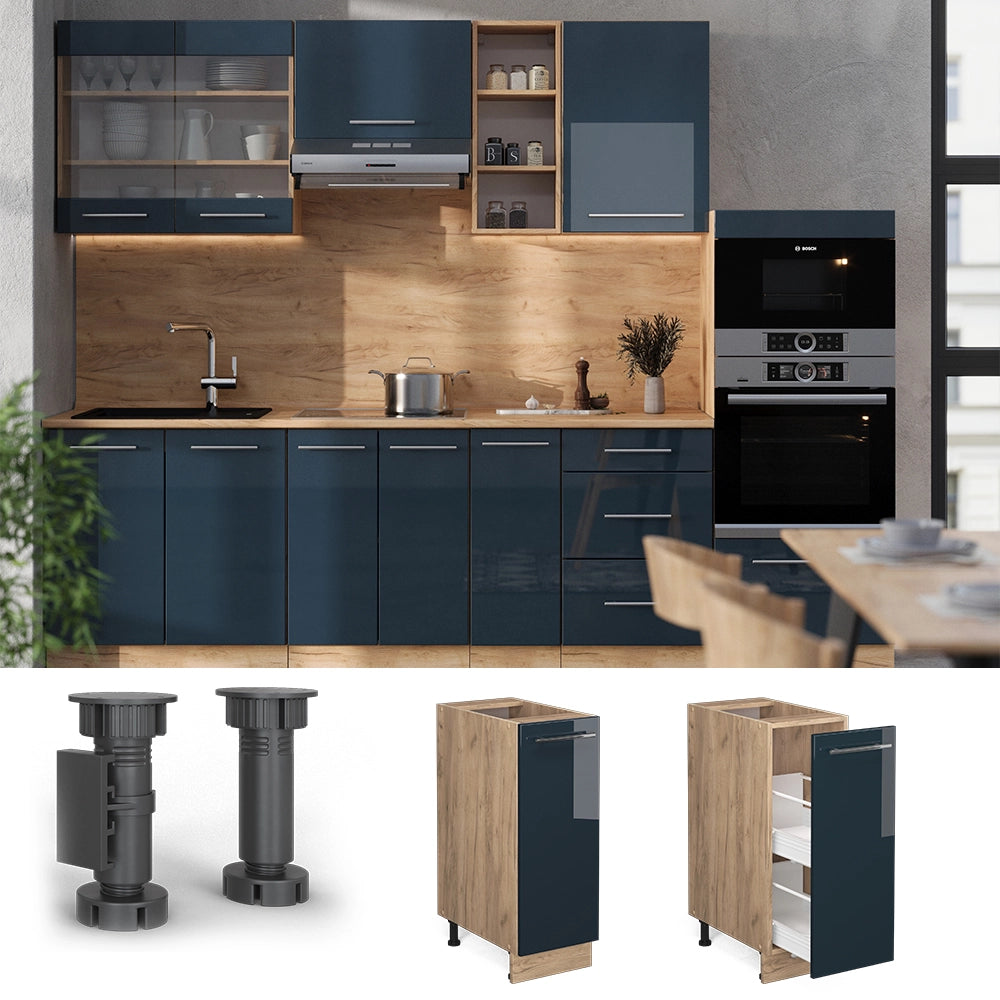 Armadio cucina dispensa alto Fame-Line Blu scuro lucido/Rovere dorato 30 cm, PL Rovere Vicco