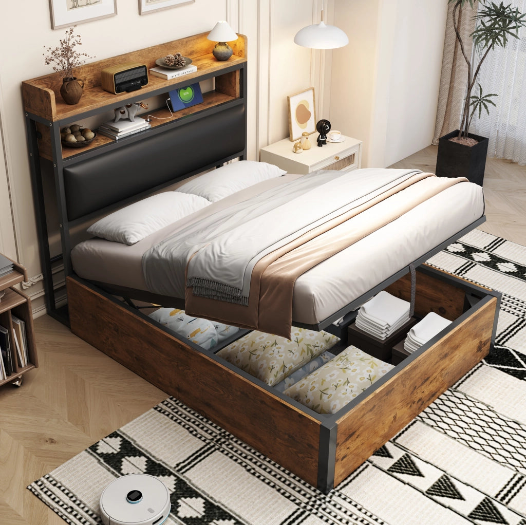Letto singolo 90x200 cm con contenitore idraulico e USB nero