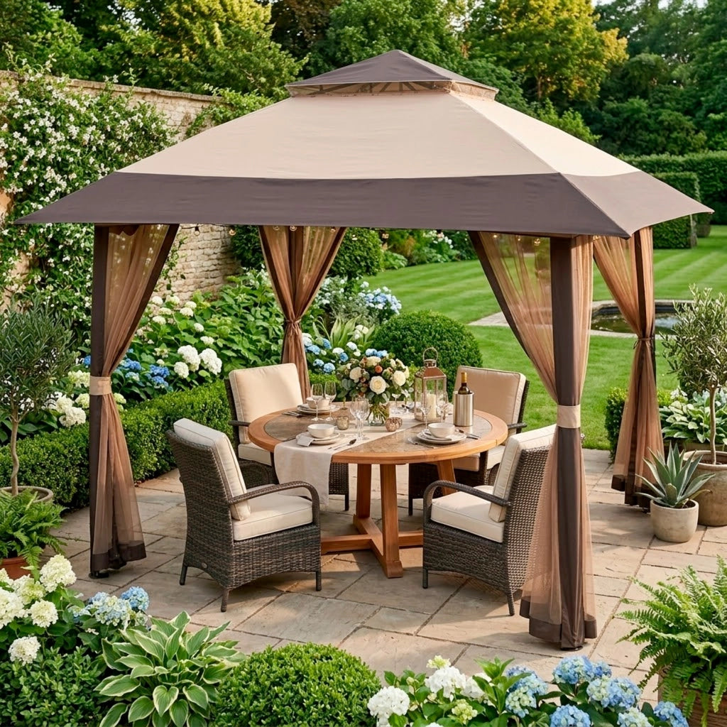 Gazebo Pop Up Da Giardino 4 X 4 Metri Con Tetto Allargato E Zanzariere Altezza Regolabile Da 2.7 X 2.9 M Apertura Rapida E Borsa Di Trasporto Inclusa Per Feste Piscina Campeggio Eventi Kaki