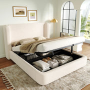 Letto matrimoniale imbottito con contenitore, rete a doghe, testiera in bouclé beige, 160x200 cm