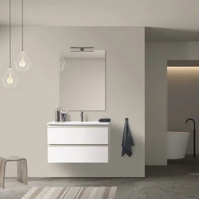 Mobile bagno sospeso 80 cm bianco opaco con lavabo e specchio tondo Master
