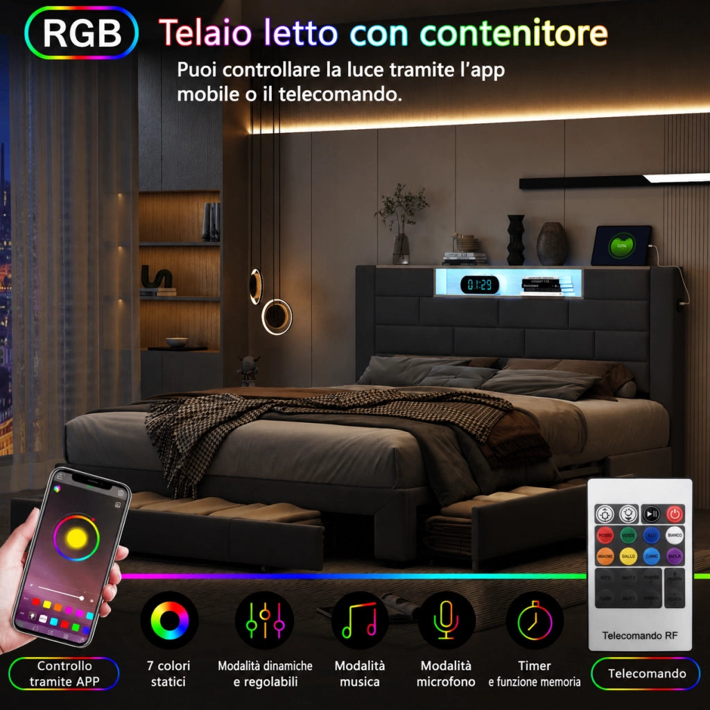 Letto matrimoniale 140x200 cm velluto grigio, testiera con vano portaoggetti, porte USB, luci RGB‑LED controllabili da app e telecomando, 3 cassetti contenitore