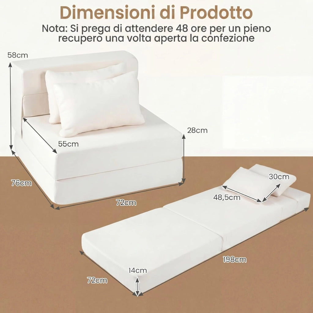 Divano Letto 2 Posti Pieghevole, 3 in 1 Divanetto Trasformabile con 2 Cuscini, Schiuma ad Alta Densità e Rivestimento in Tessuto Chenille, Poltrona Letto per Soggiorno (Beige,72 x 76 x 58 cm)