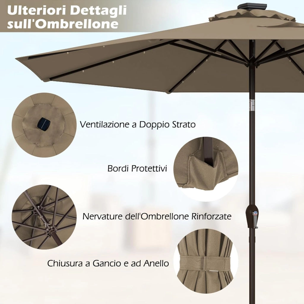 Ombrellone da Giardino con LED Luci Ø300 cm, Parasole da Esterno Ombrello da Spiaggia (Marrone)