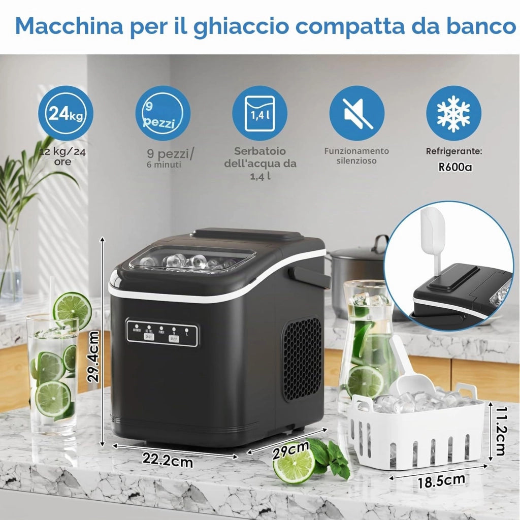 Macchina Ghiaccio, 12 kg/24h, 9 Cubetti di Ghiaccio in 6 Minuti, 2 Dimensioni di Ghiaccio, Silenzioso, Macchina del Ghiaccio Casa Autopulente con Maniglia/Cestello/Paletta, per Cucina/Ufficio/Bar