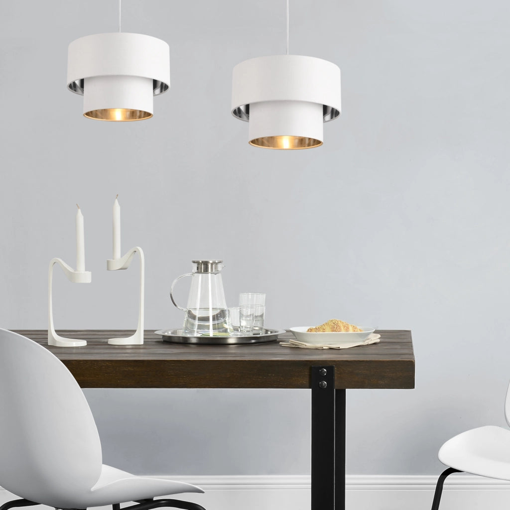 Lampada a Sospensione Lopar con Doppio Paralume in Tessuto Ø 30 cm - Bianco / Argento lux.pro