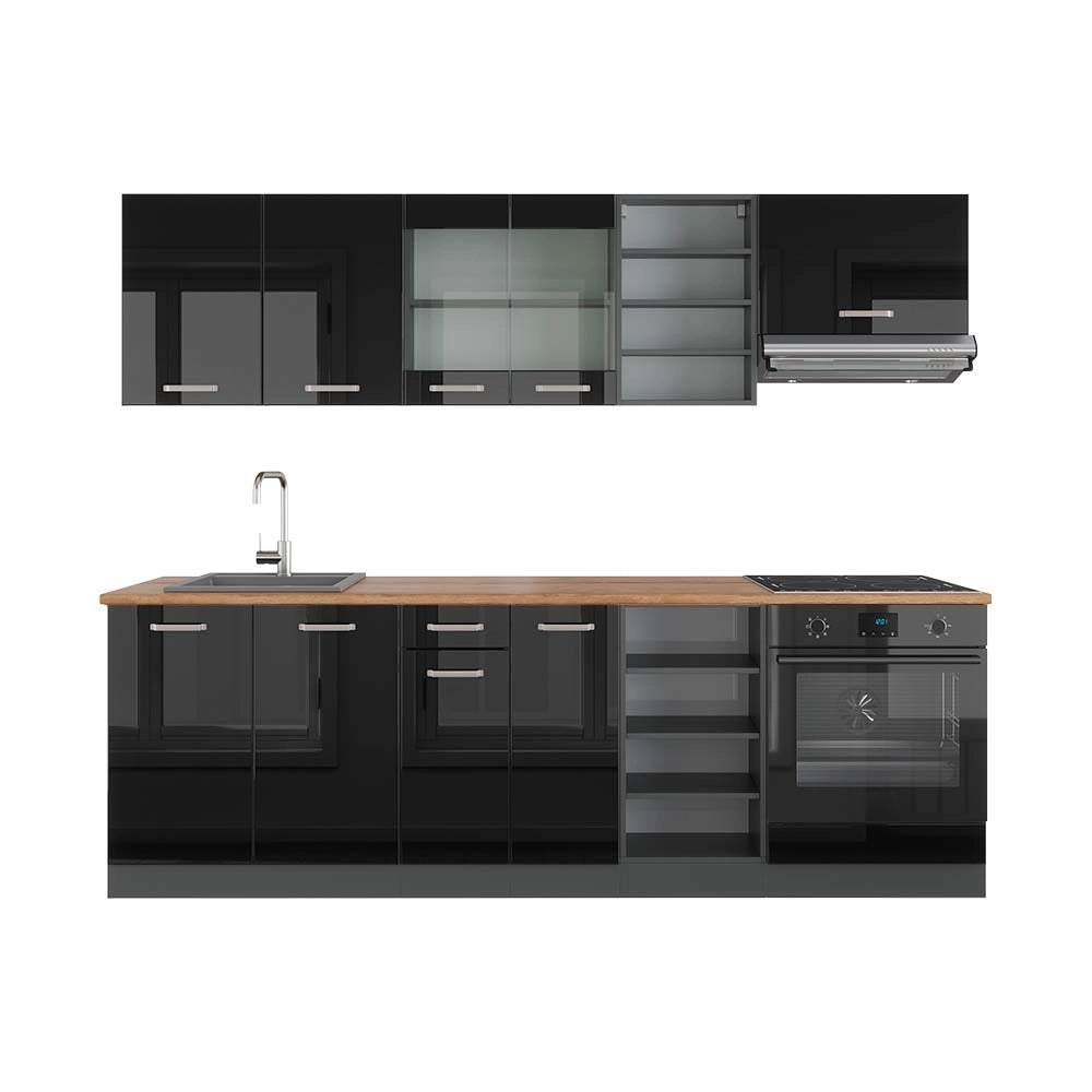 Cucina componibile R-Line Nero lucido/Antracite 240 cm, PL Rovere Vicco