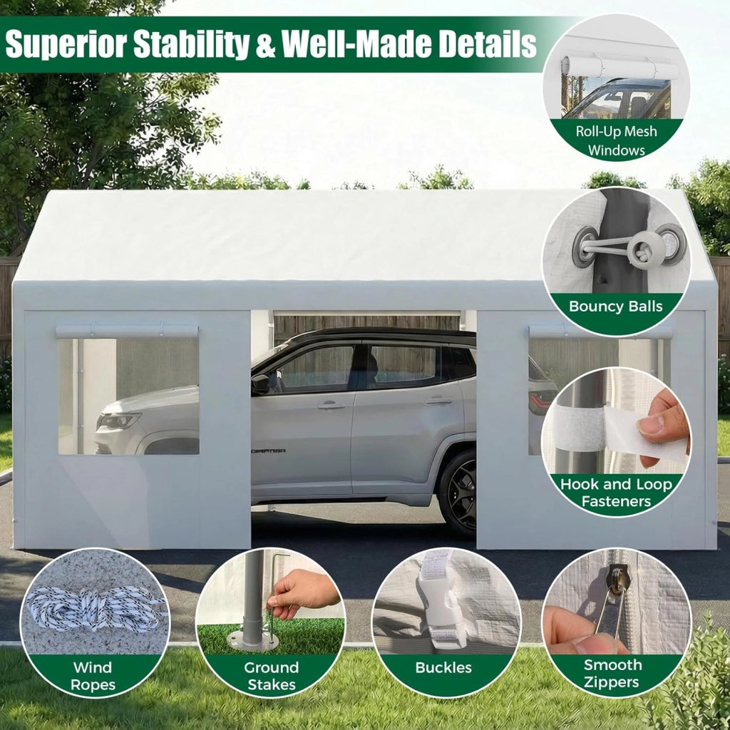 Tenda Garage Auto Esterno, Tettoia per Auto con Telaio in Metallo, Copertura in PE Resistente alle Intemperie, Capanno Giardino per Vehicolo, Bici, Moto, Attrezzi (Bianco, 305 x 586 x 280 cm)