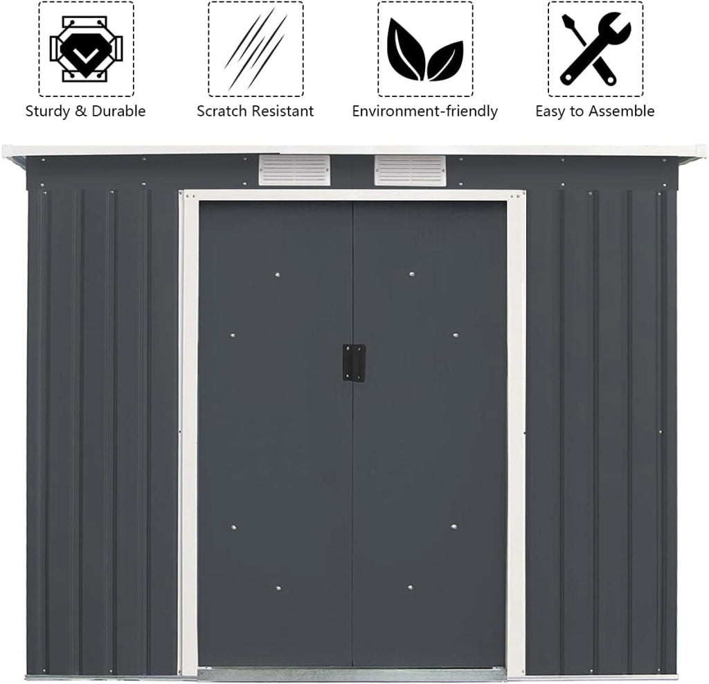 Capanno per Attrezzi, Casetta da Giardino, Capanno in Lamiera, Box da Giardino con Falda, Mobile Capanna, Ripostiglio da Giardino, con 2 Porte Scorrevoli, 2 Finestre, Grigio 213x130x173 cm