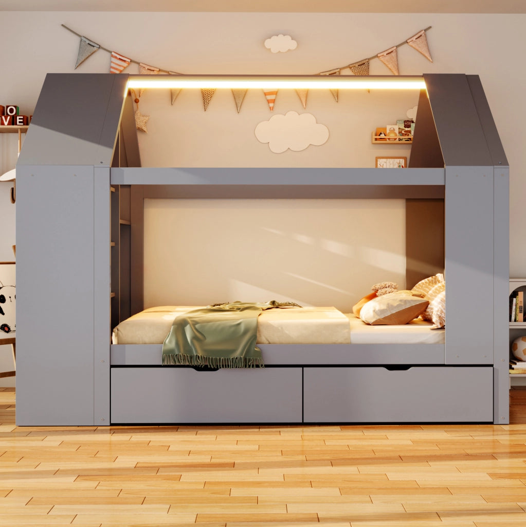 Letto per bambini a casetta 90 x 200 cm con 2 cassetti; LED e vani contenitore grigio