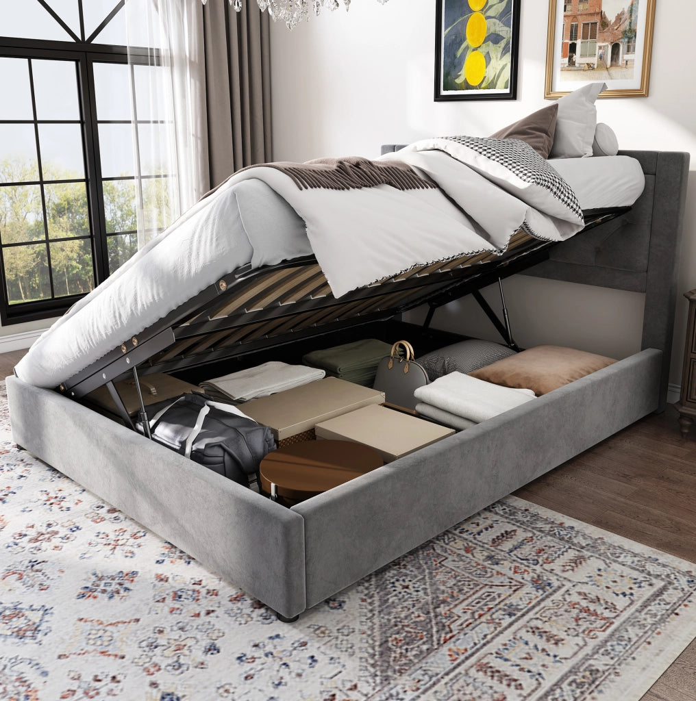 Letto imbottito con contenitore 140x200 cm in velluto grigio; struttura in acciaio