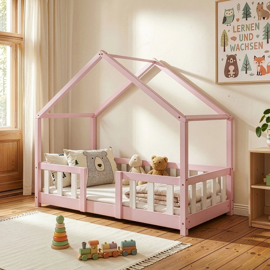 Letto per Cameretta Treviolo a Forma di Casetta in Stile Montessori 70x140 cm Rosa/Bianco [en.casa]