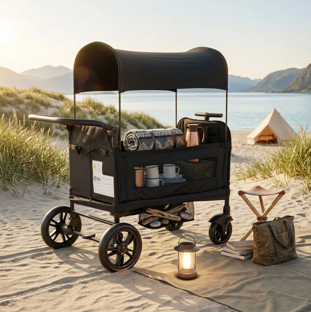 Passeggino doppio pieghevole 122x122x66 cm nero – compatto, 1 collo