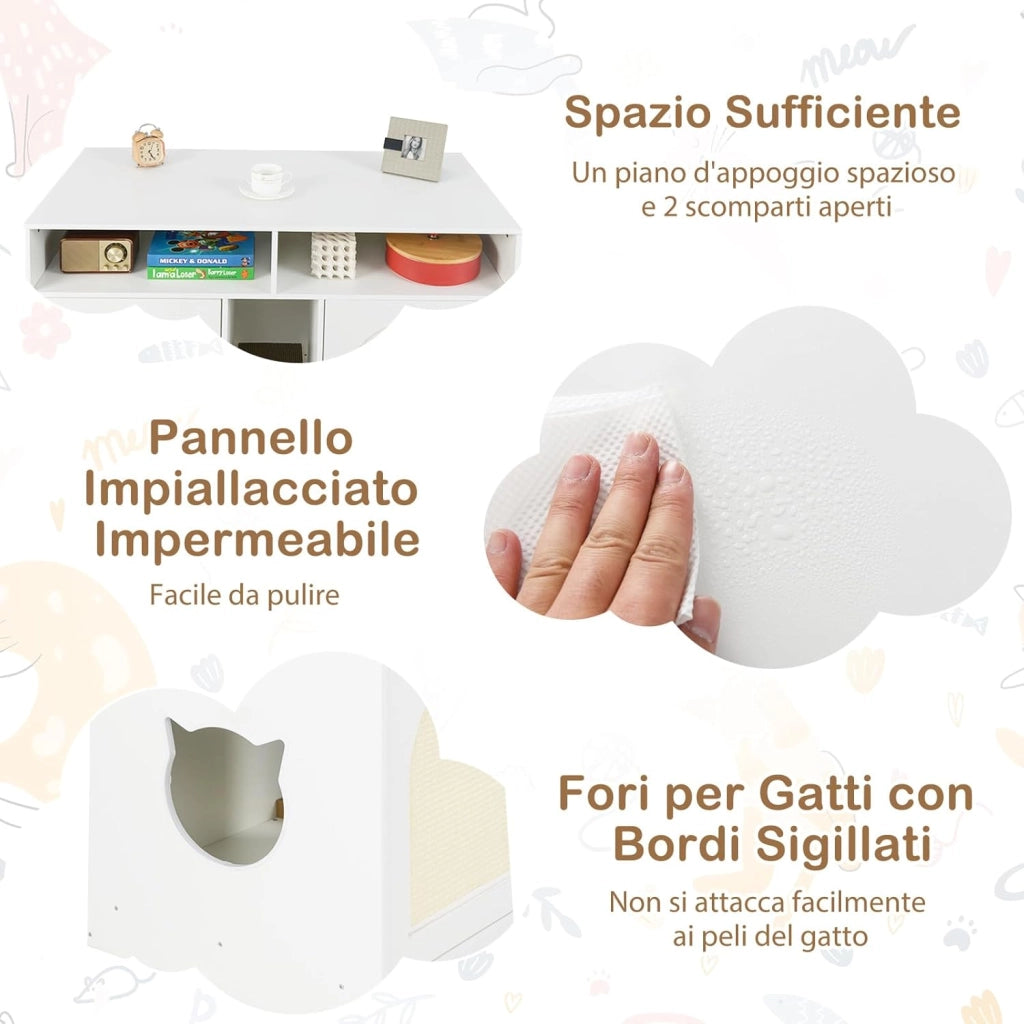 Mobile per Lettiera per Gatti, Cassetta per Gattini con Ripostiglio, Doppie Stanze, Tavola da Graffiare e 2 Tappetini in Sisal, Cuccia per Gatti da Interno, 76 x 53 x 74 cm